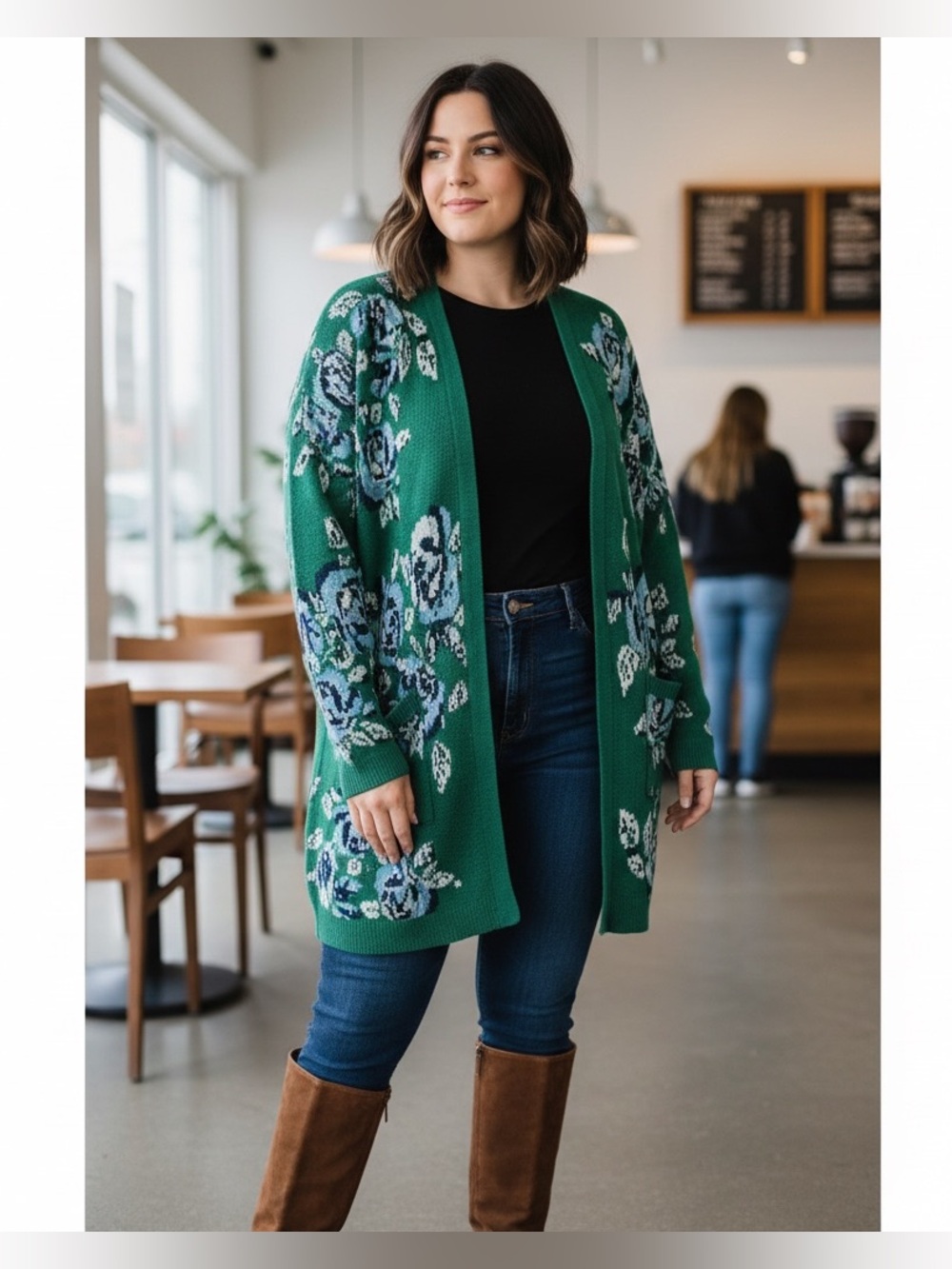 The Pioneer Woman Floral Jacquard Open Front Cardigan Green w/Blue&White Sz XXXL